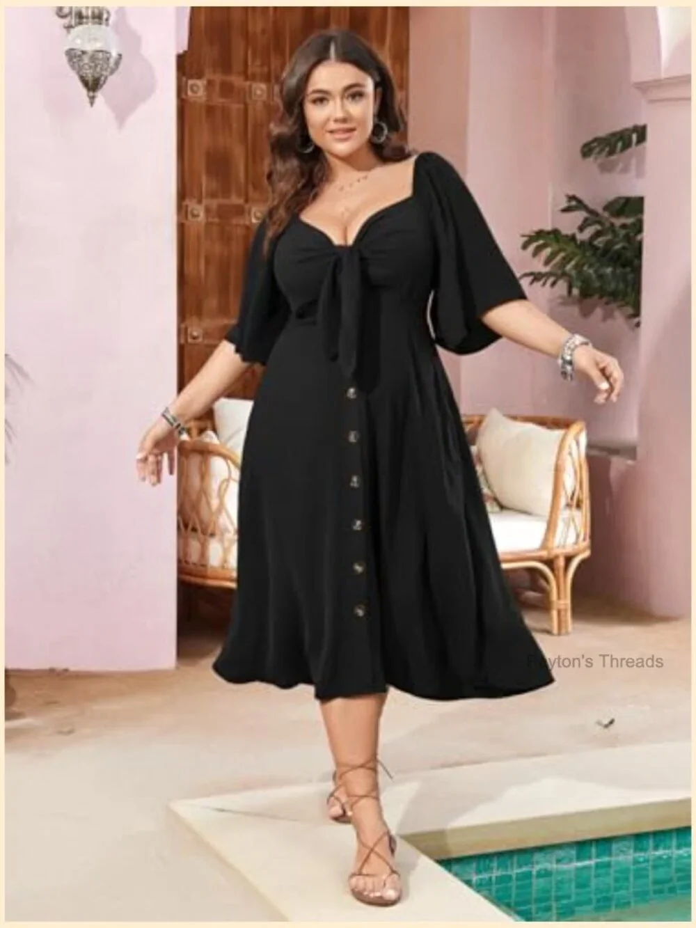 Plus Size Smocked Button Down Midi A-Line Dress with Bow Tie V Neck - Picture 5 of 7